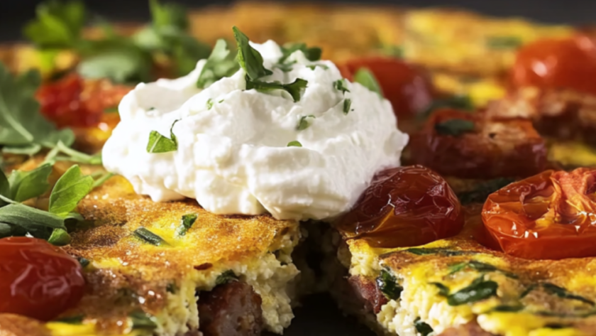 Cherry Tomato, Sausage, Arugula, Ricotta Frittata