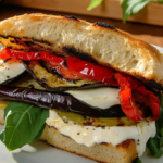 Grilled Eggplant and Fresh Mozzarella on Ciabatta with Roasted Red Peppers, Garlic Mayonnaise, Fresh Basil and Arugula