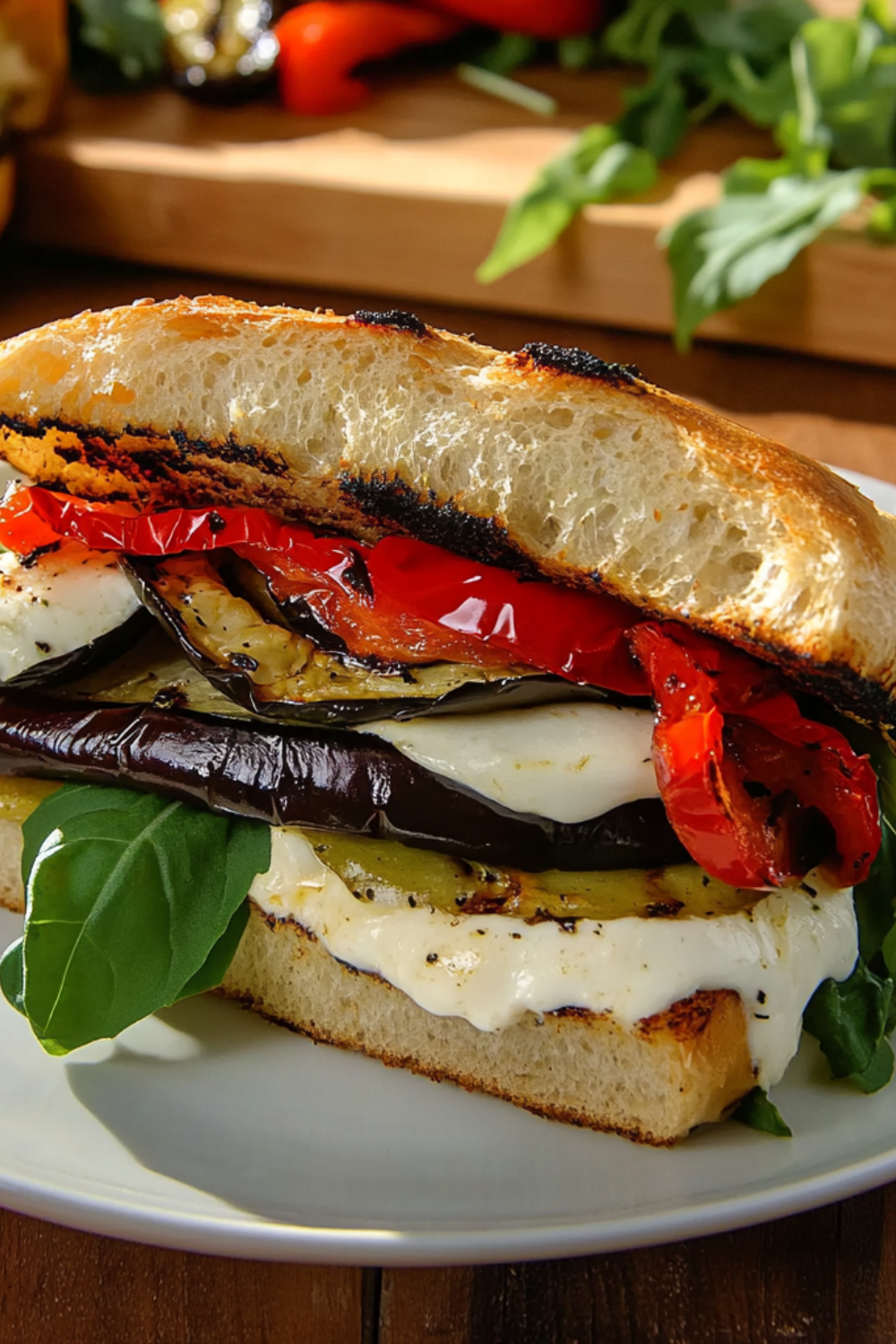 Grilled Eggplant and Fresh Mozzarella on Ciabatta with Roasted Red Peppers, Garlic Mayonnaise, Fresh Basil and Arugula