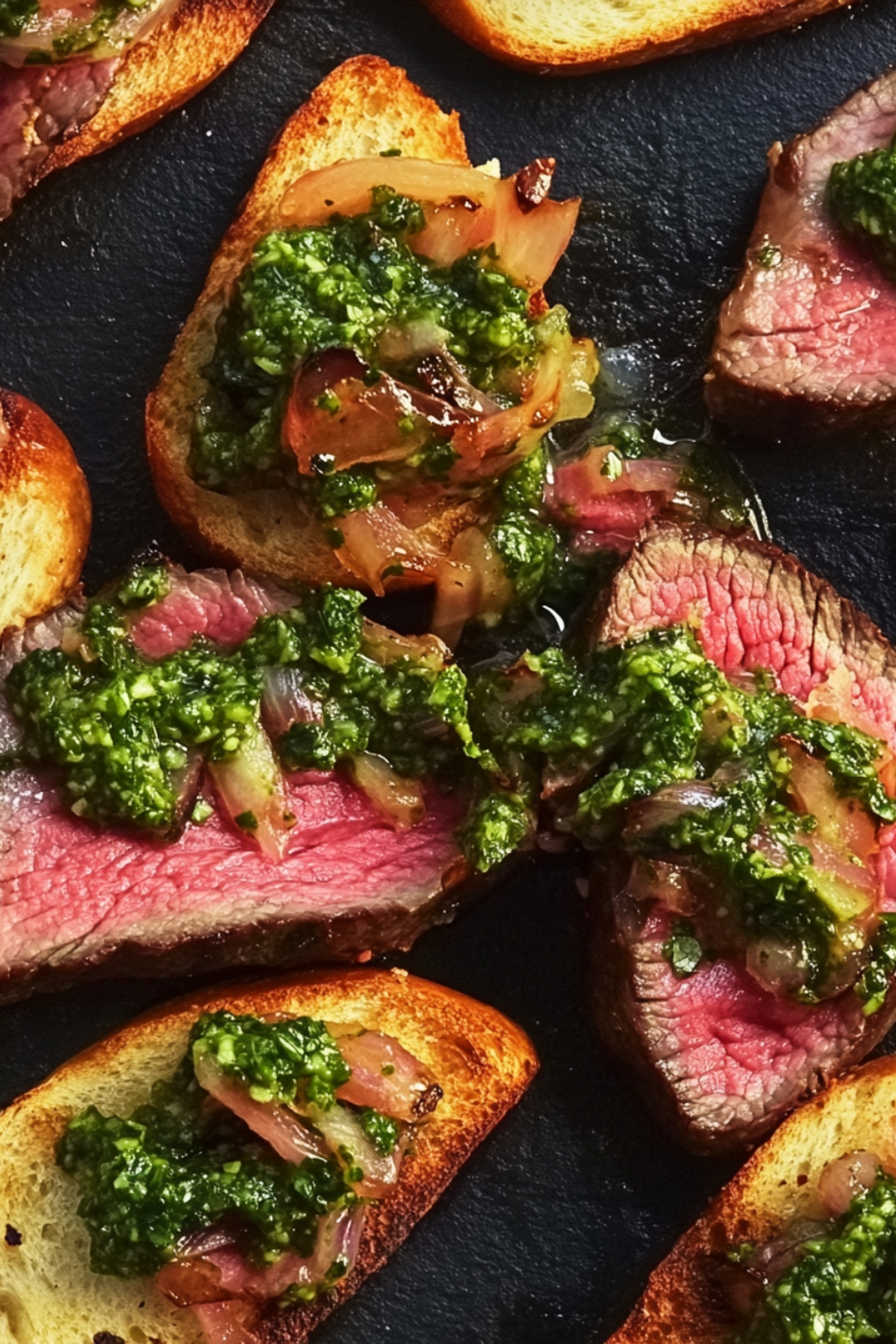 Flank Steak Crostini with Chimichurri and Vidalia Relish