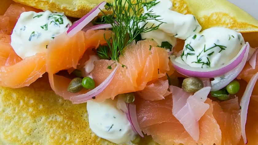 Crepes with Smoked Salmon, Ricotta, Red Onion and Capers with Lemon Creme Fraiche