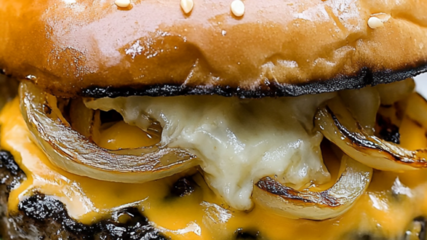 Bobby Flay Hamburger with Double Cheddar Cheese, Grilled Vidalia Onion and Horseradish Mustard