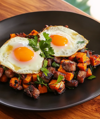 Jerk Pork Belly and Sweet Potato Hash with Fried Eggs