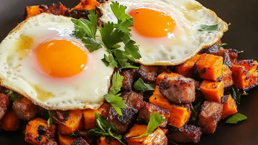 Jerk Pork Belly and Sweet Potato Hash with Fried Eggs