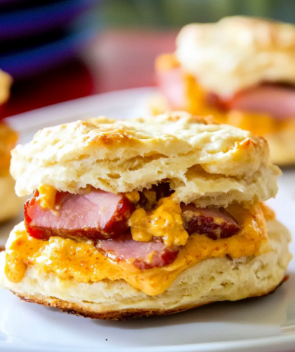 Mustard Glazed Baked Ham and Pimento Cheese Biscuits