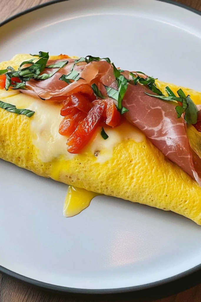 Bobby Flay Omelet with Prosciutto, Roasted Peppers, Fresh Mozzarella, Basil