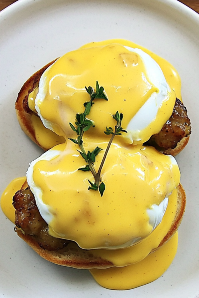 Bobby Flay Eggs Benedict with Apple Sausage and Mustard Hollandaise