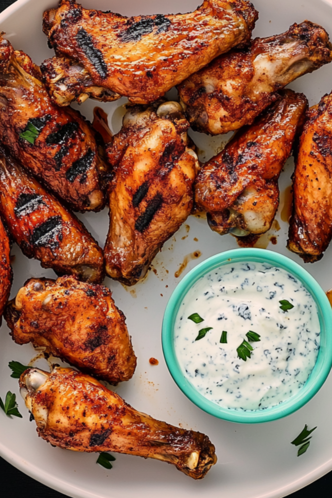 Bobby Flay Grilled Chicken Wings with Spicy Chipotle Hot Sauce and Blue Cheese-Yogurt Dipping Sauce