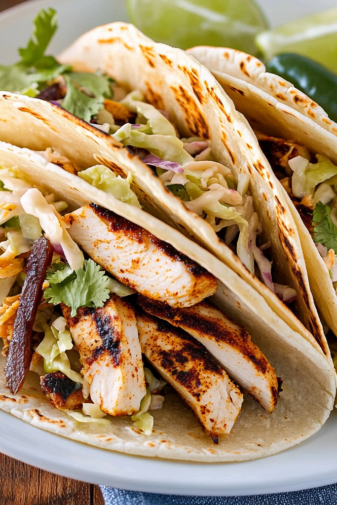 Bobby Flay Spice-Rubbed Chicken Breast Tacos with Grilled Poblanos, BBQ Onions and Coleslaw