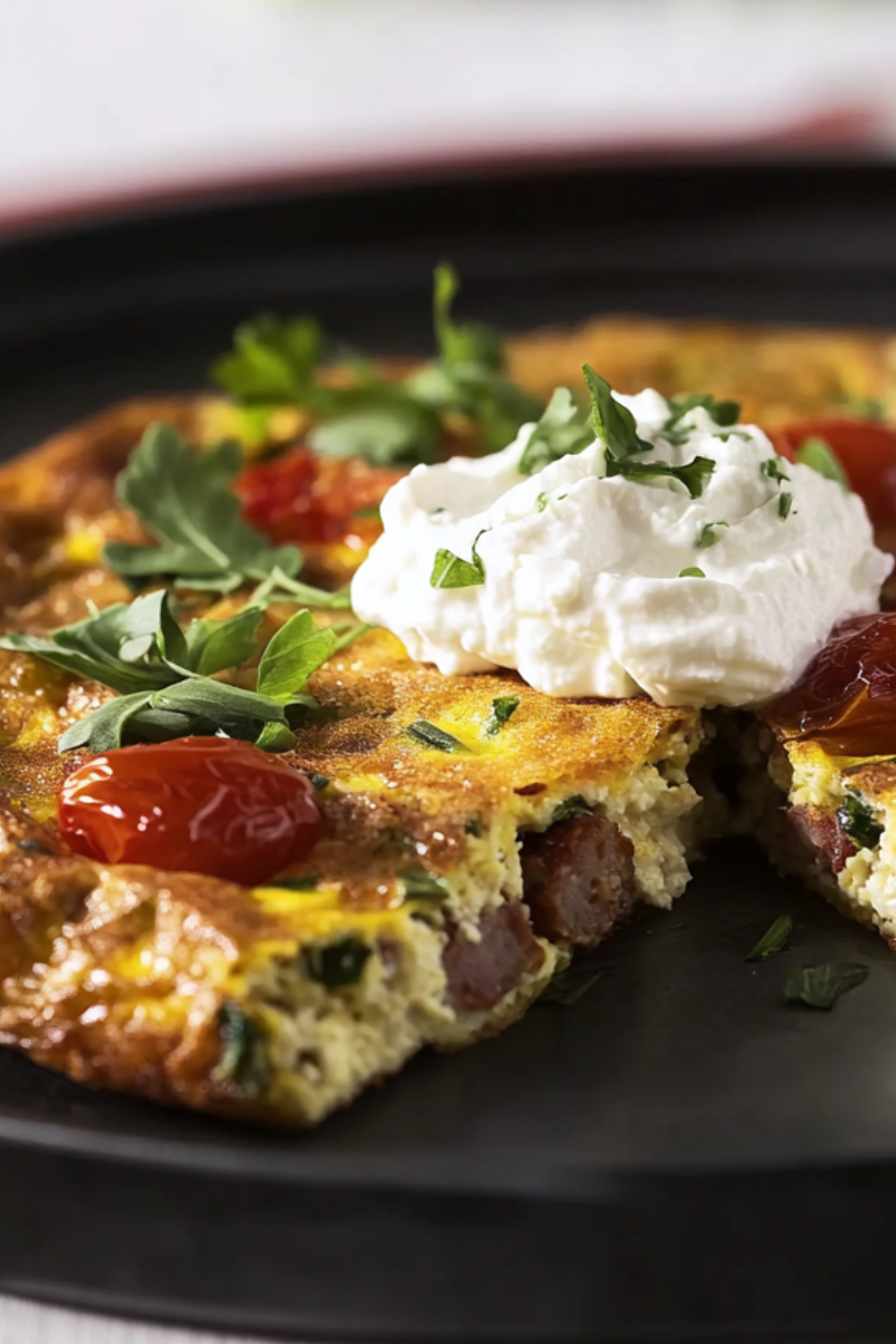 Cherry Tomato, Sausage, Arugula, Ricotta Frittata