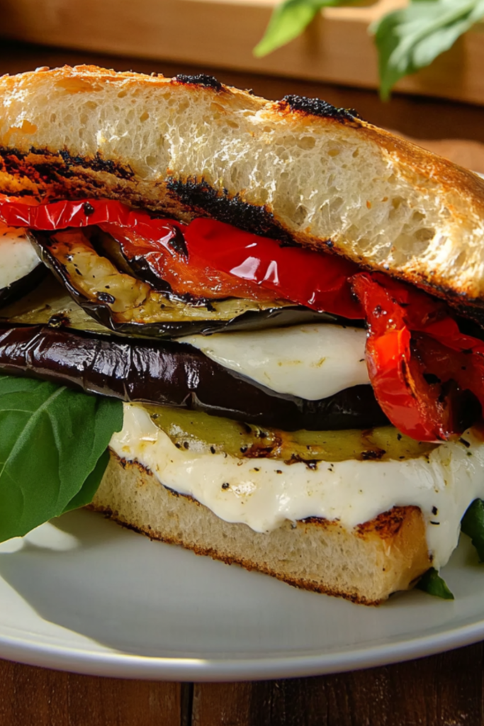 Grilled Eggplant and Fresh Mozzarella on Ciabatta with Roasted Red Peppers, Garlic Mayonnaise, Fresh Basil and Arugula