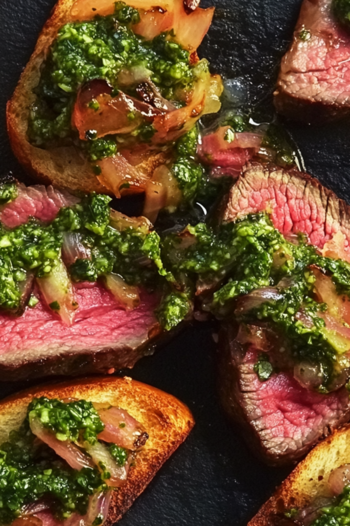 Flank Steak Crostini with Chimichurri and Vidalia Relish