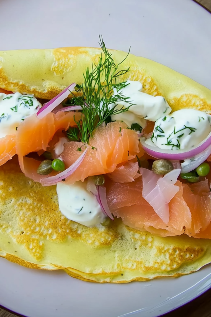 Crepes with Smoked Salmon, Ricotta, Red Onion and Capers with Lemon Creme Fraiche