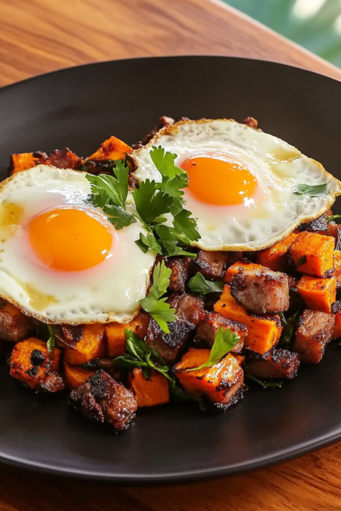 Jerk Pork Belly and Sweet Potato Hash with Fried Eggs